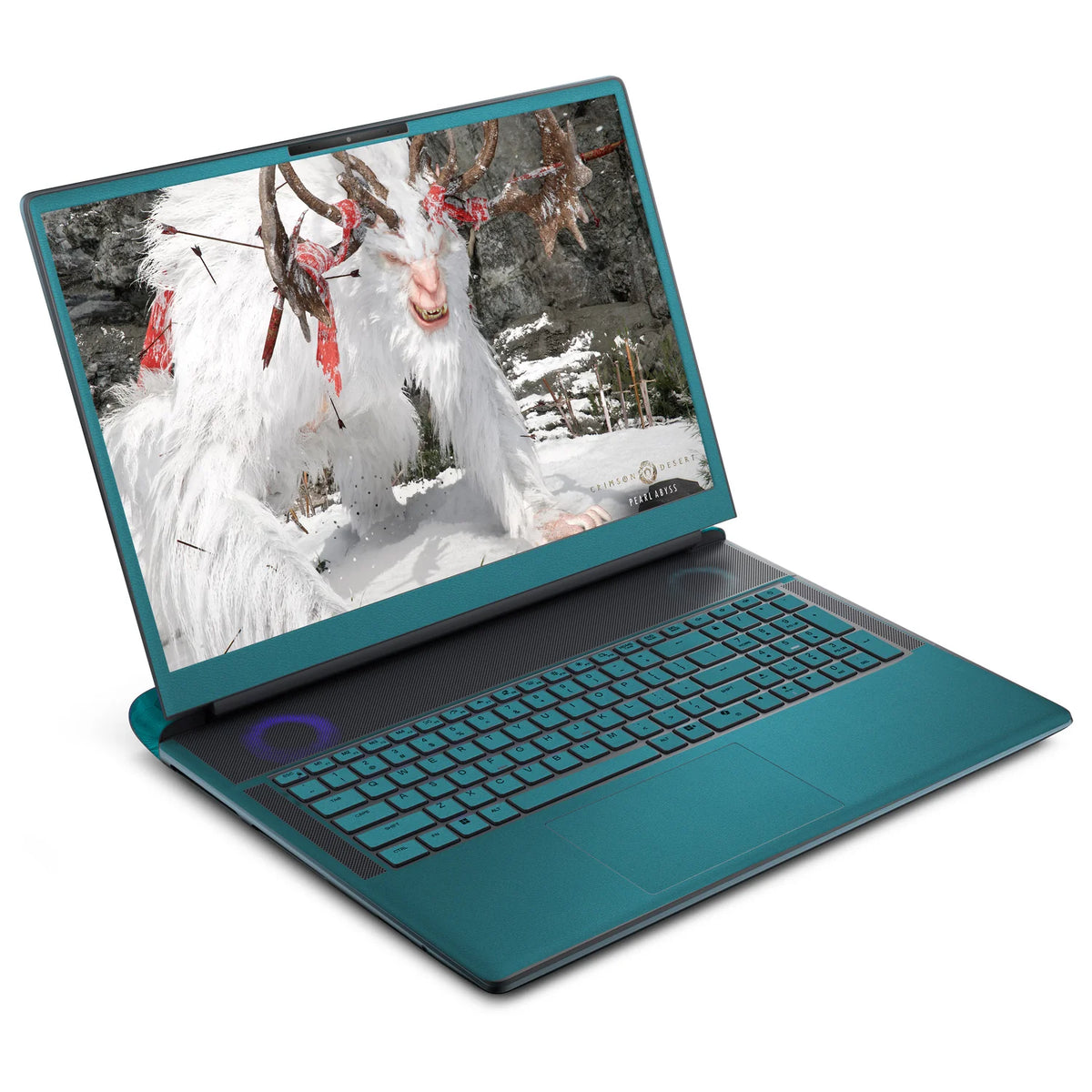 Front three-quarter view of an open Alienware 18 Area-51 (2025) with Tropical Teal skin on the screen bezel, keyboard deck, palm rest and touchpad.
