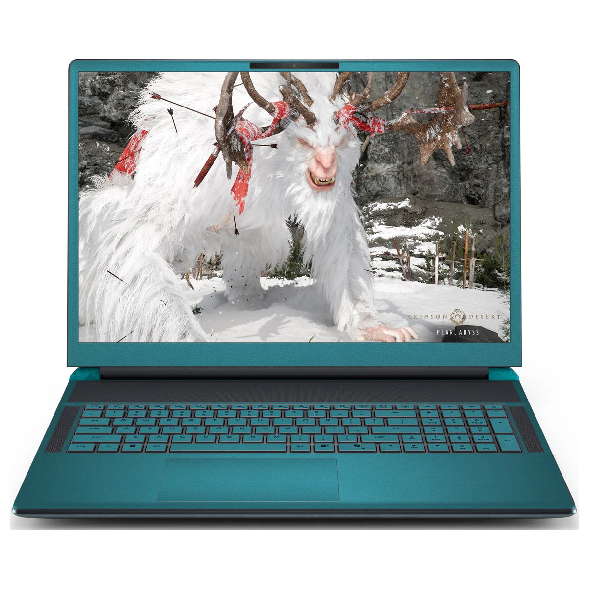 Front view of an open Alienware 18 Area-51 (2025) with Tropical Teal skin on the screen bezel, keyboard keys, palm rest and touchpad.