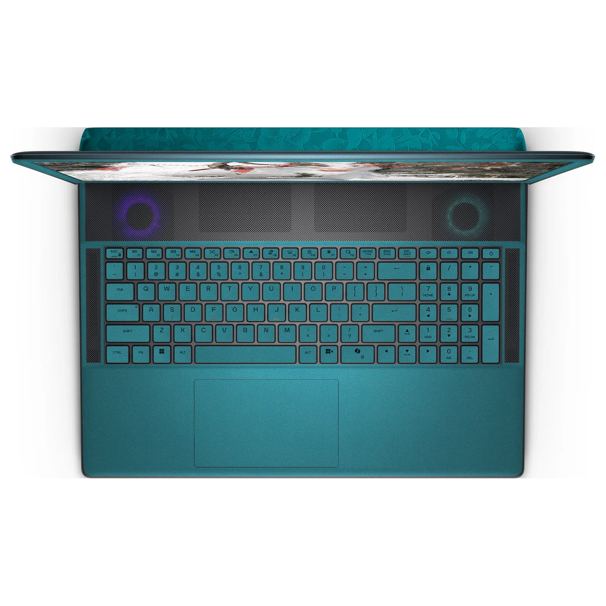 Top view of an open Alienware 18 Area-51 (2025), showing the Tropical Teal keyboard keys, palm rest and touchpad skin below the dark upper grille.
