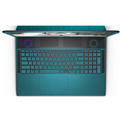 Top view of an open Alienware 18 Area-51 (2025), showing the Tropical Teal keyboard keys, palm rest and touchpad skin below the dark upper grille.