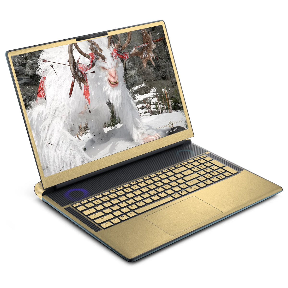 Front three-quarter view of an open Alienware 18 Area-51 (2025) with Vintage Gold skin on the screen bezel, keyboard deck, palm rest and touchpad.