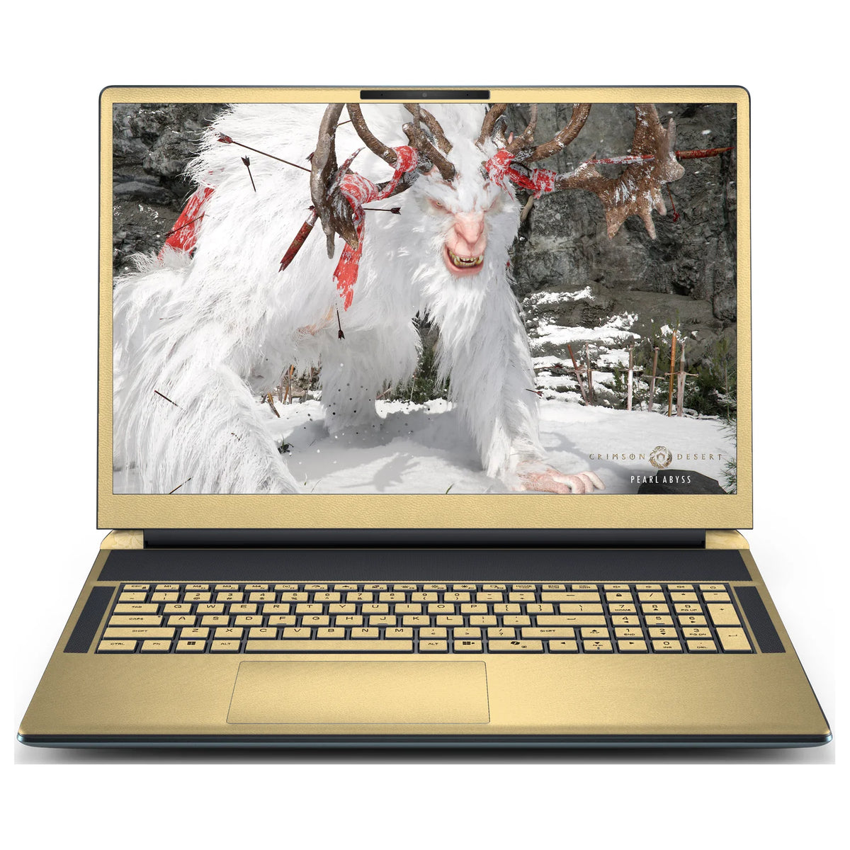 Front view of an open Alienware 18 Area-51 (2025) with Vintage Gold skin on the screen bezel, keyboard keys, palm rest and touchpad.