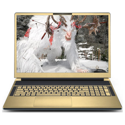 Front view of an open Alienware 18 Area-51 (2025) with Vintage Gold skin on the screen bezel, keyboard keys, palm rest and touchpad.