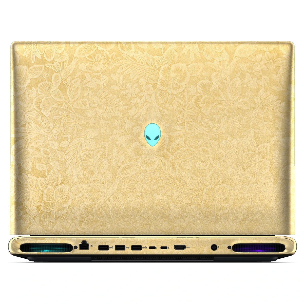 Rear view of an open Alienware 18 Area-51 (2025) with Vintage Gold Hibiscus skin, showing the floral outer lid, rear ports and vents.