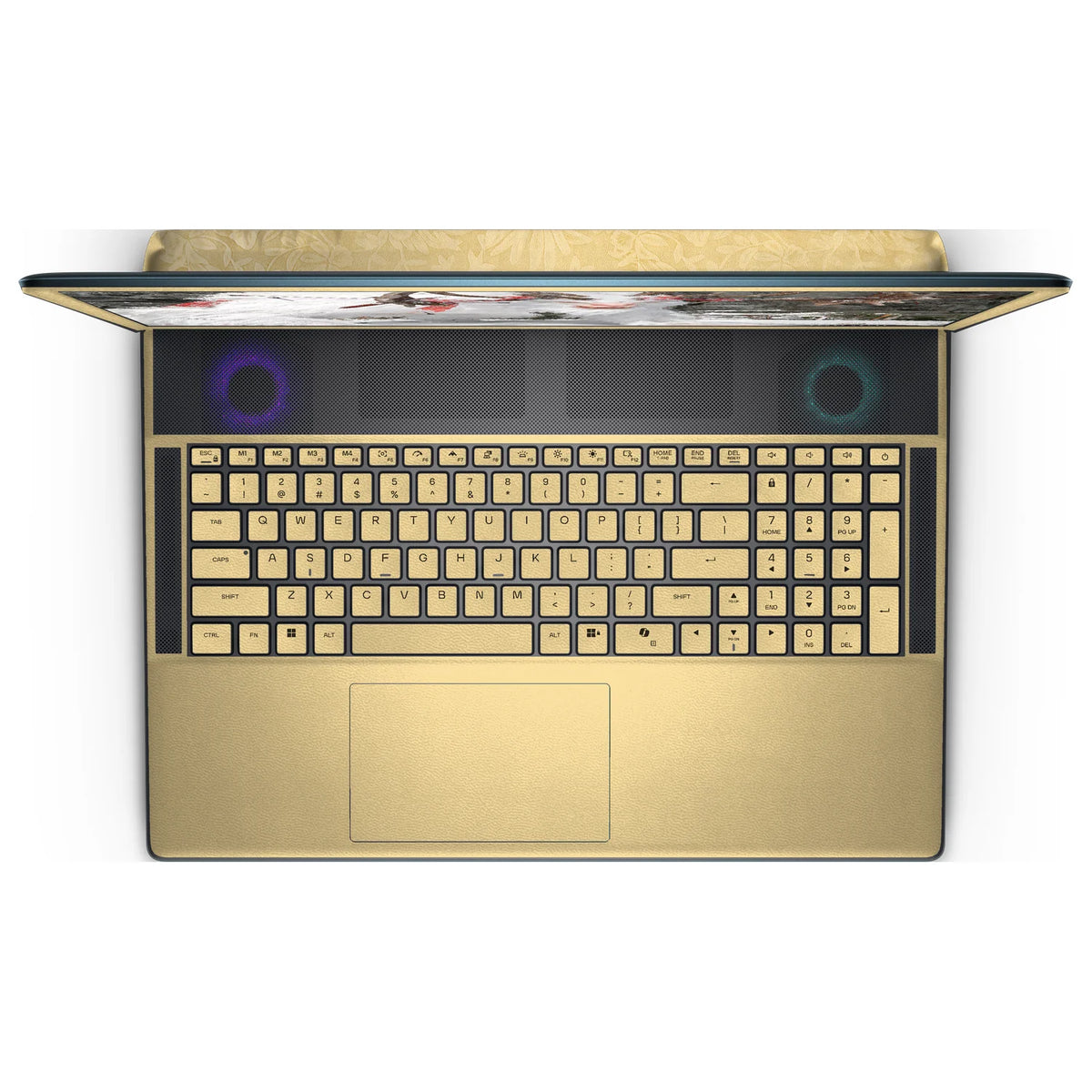 Top view of an open Alienware 18 Area-51 (2025), showing the Vintage Gold keyboard keys, palm rest and touchpad skin below the dark upper grille.