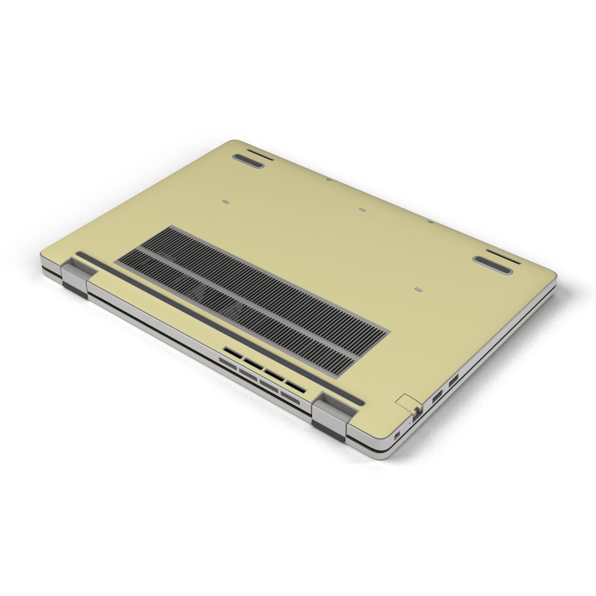 Champagne Gold plain synthetic leather Dell business laptop skin, d-bottom view. Rendered on Dell Pro 16 PC16250; exact cuts follow the selected model and coverage.