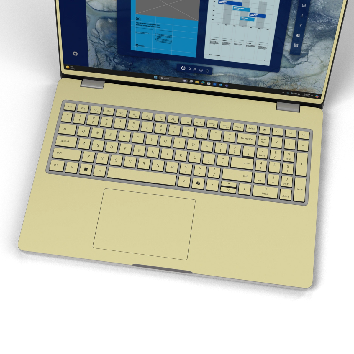 Champagne Gold plain synthetic leather Dell business laptop skin, keyboard-wide view. Rendered on Dell Pro 16 PC16250; exact cuts follow the selected model and coverage.