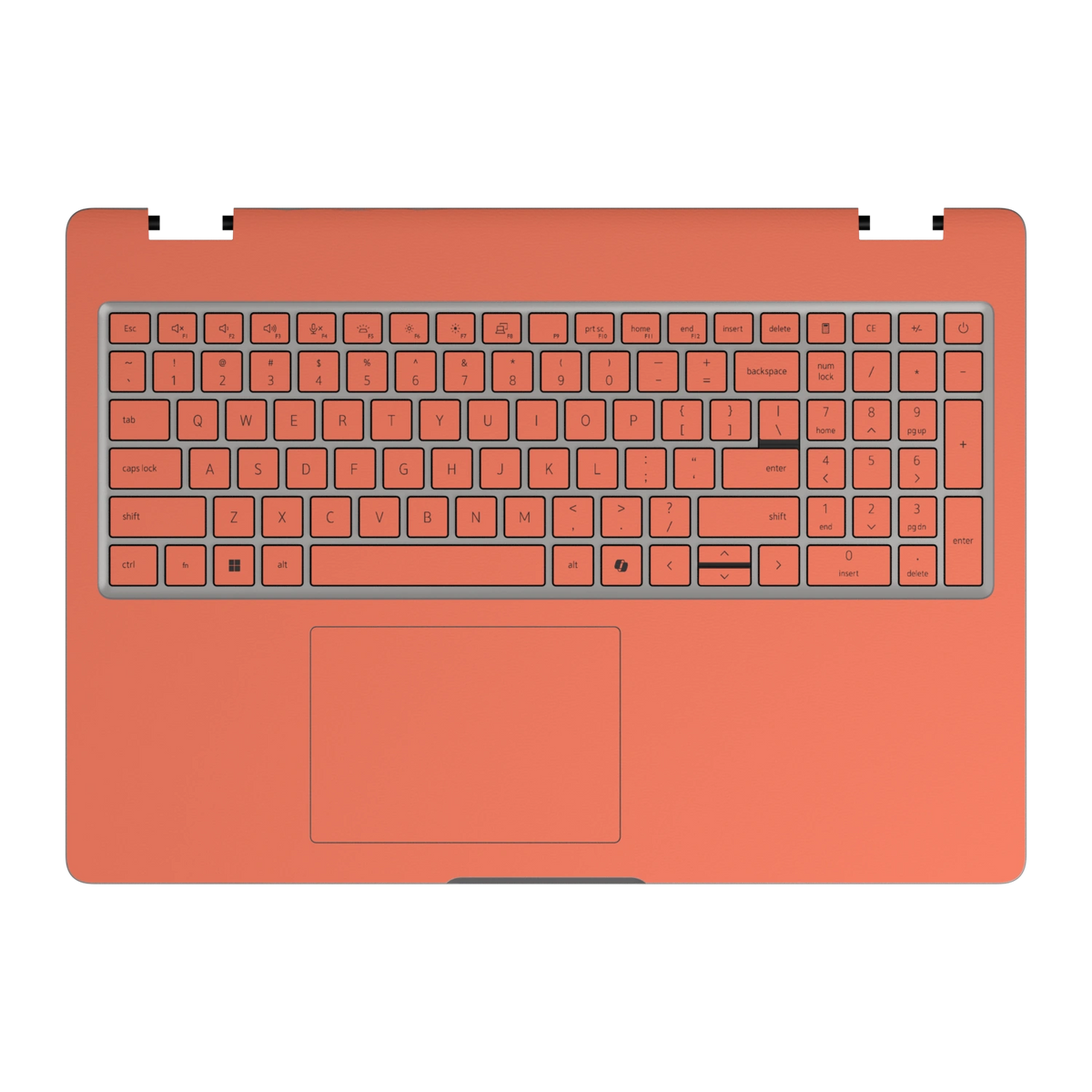 Cinnabar Orange plain synthetic leather Dell business laptop skin, c-face view. Rendered on Dell Pro 16 PC16250; exact cuts follow the selected model and coverage.