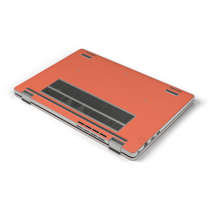 Cinnabar Orange plain synthetic leather Dell business laptop skin, d-bottom view. Rendered on Dell Pro 16 PC16250; exact cuts follow the selected model and coverage.