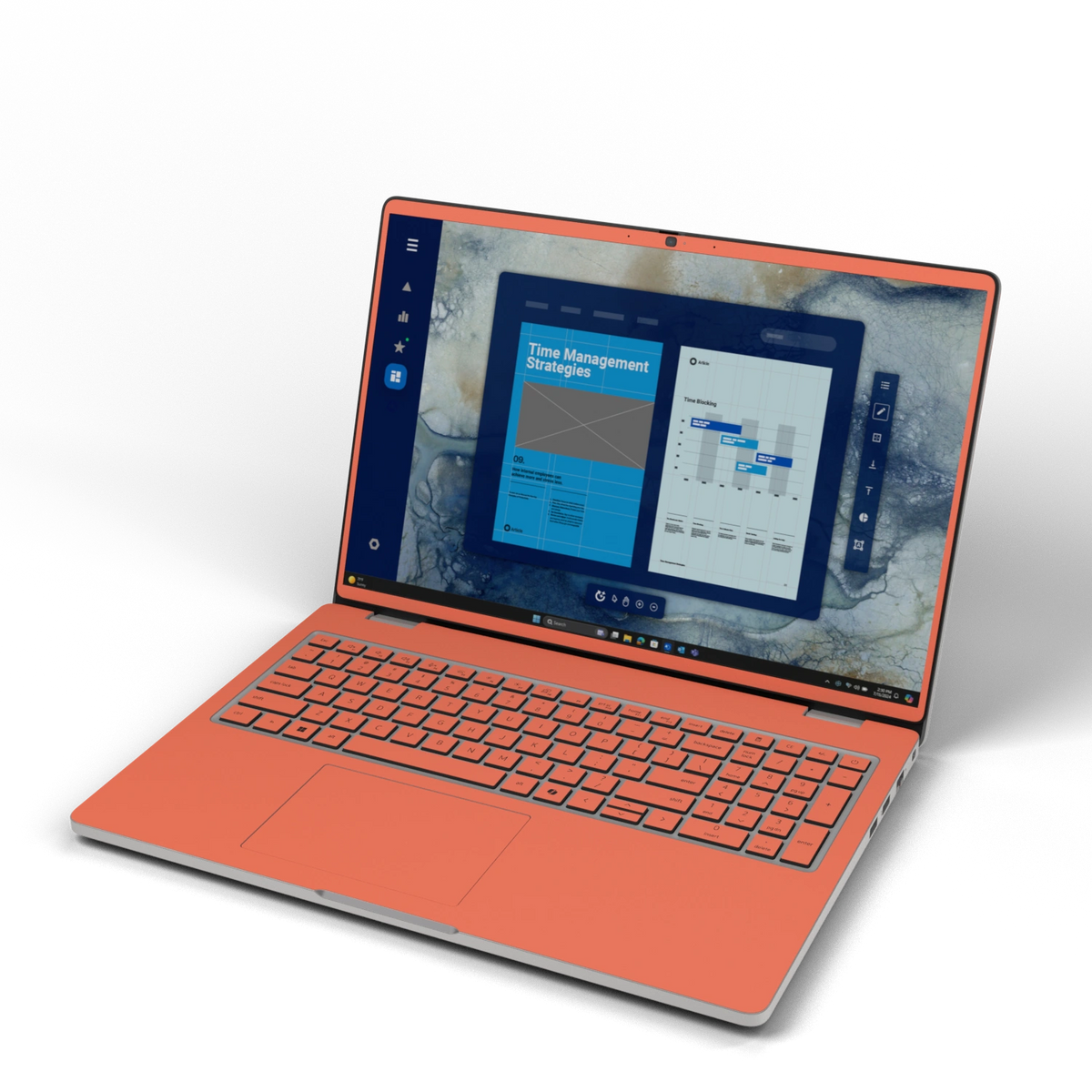Cinnabar Orange plain synthetic leather Dell business laptop skin, front view. Rendered on Dell Pro 16 PC16250; exact cuts follow the selected model and coverage.