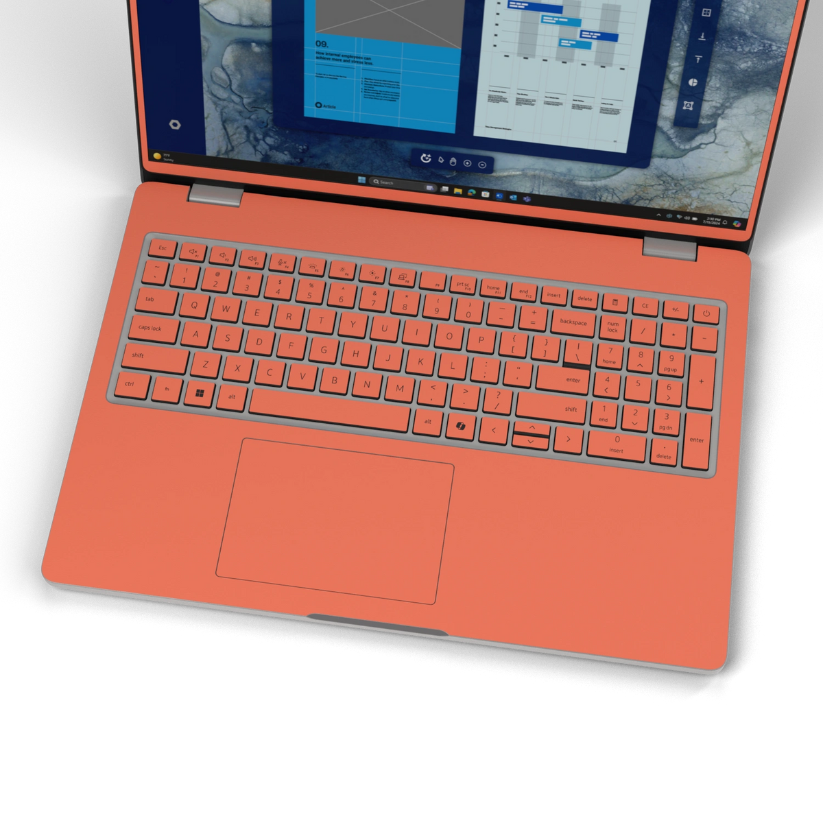 Cinnabar Orange plain synthetic leather Dell business laptop skin, keyboard-wide view. Rendered on Dell Pro 16 PC16250; exact cuts follow the selected model and coverage.