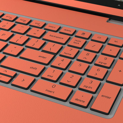 Cinnabar Orange plain synthetic leather Dell business laptop skin, macro view. Rendered on Dell Pro 16 PC16250; exact cuts follow the selected model and coverage.