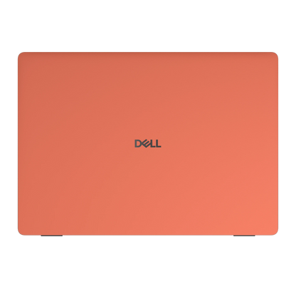 Cinnabar Orange plain synthetic leather Dell business laptop skin, sku-a view. Rendered on Dell Pro 16 PC16250; exact cuts follow the selected model and coverage.