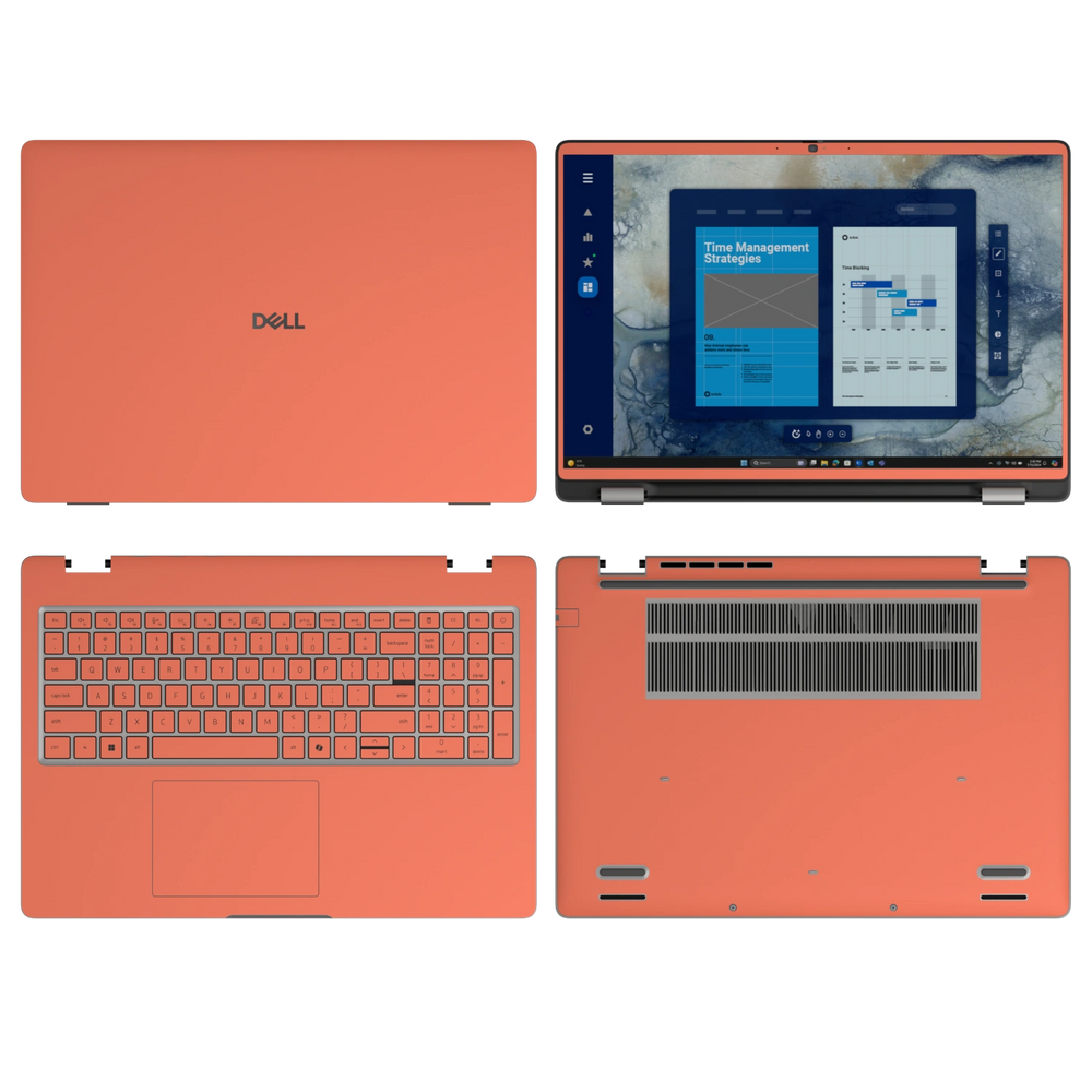 Cinnabar Orange plain synthetic leather Dell business laptop skin, sku-abcd view. Rendered on Dell Pro 16 PC16250; exact cuts follow the selected model and coverage.