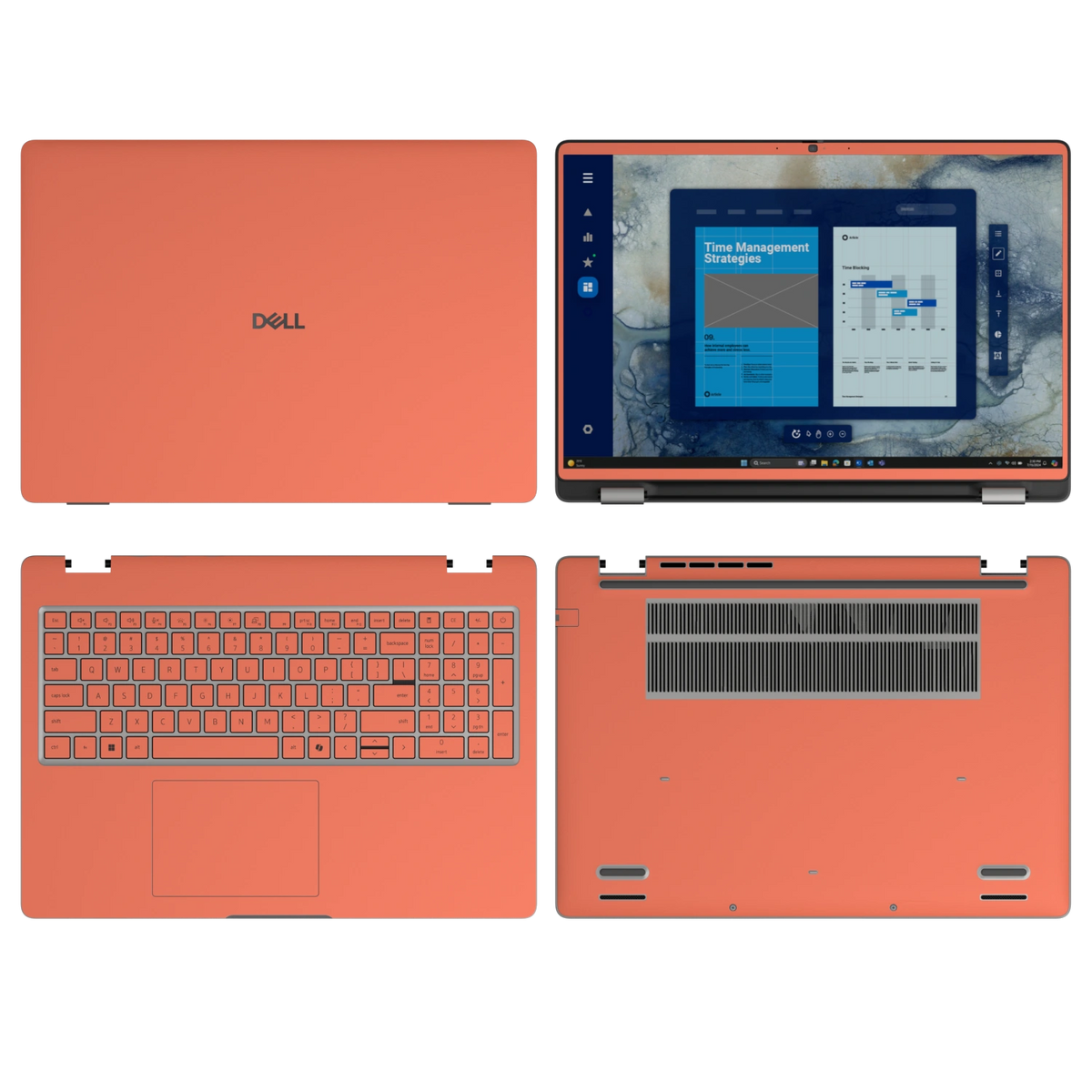 Cinnabar Orange plain synthetic leather Dell business laptop skin, sku-abcd view. Rendered on Dell Pro 16 PC16250; exact cuts follow the selected model and coverage.