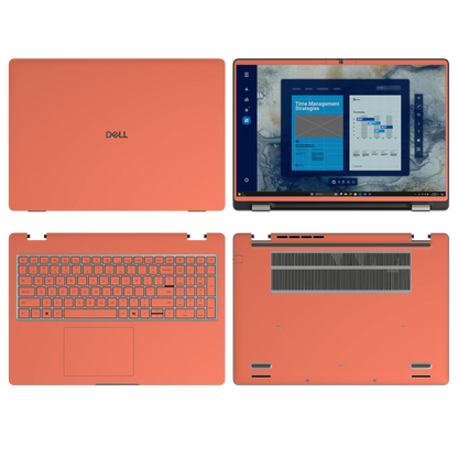 Cinnabar Orange plain synthetic leather Dell business laptop skin, sku-abcd view. Rendered on Dell Pro 16 PC16250; exact cuts follow the selected model and coverage.