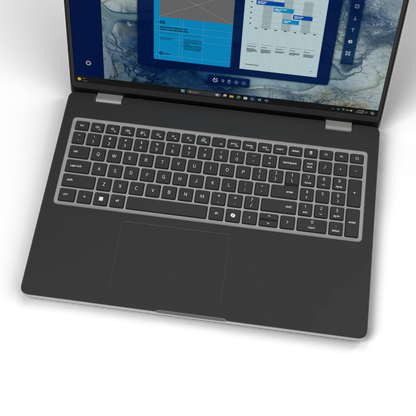 Graphite Black plain synthetic leather Dell business laptop skin, keyboard-wide view. Rendered on Dell Pro 16 PC16250; exact cuts follow the selected model and coverage.