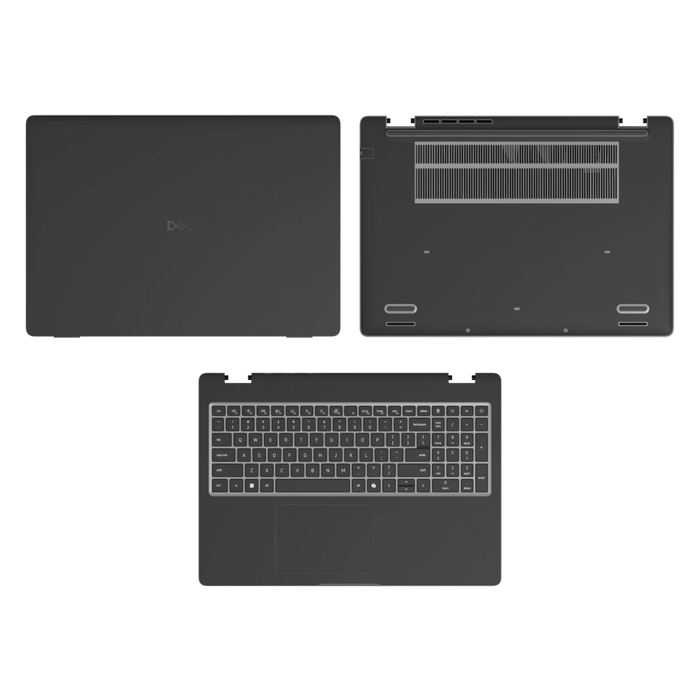Graphite Black plain synthetic leather Dell business laptop skin, sku-acd view. Rendered on Dell Pro 16 PC16250; exact cuts follow the selected model and coverage.