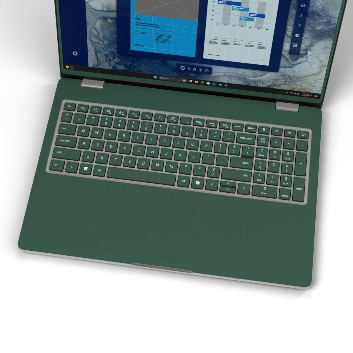 Original Green plain synthetic leather Dell business laptop skin, keyboard-wide view. Rendered on Dell Pro 16 PC16250; exact cuts follow the selected model and coverage.