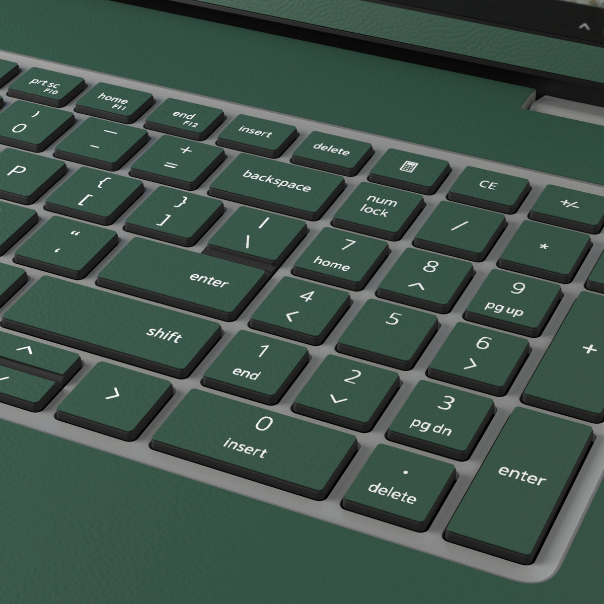 Original Green plain synthetic leather Dell business laptop skin, macro view. Rendered on Dell Pro 16 PC16250; exact cuts follow the selected model and coverage.