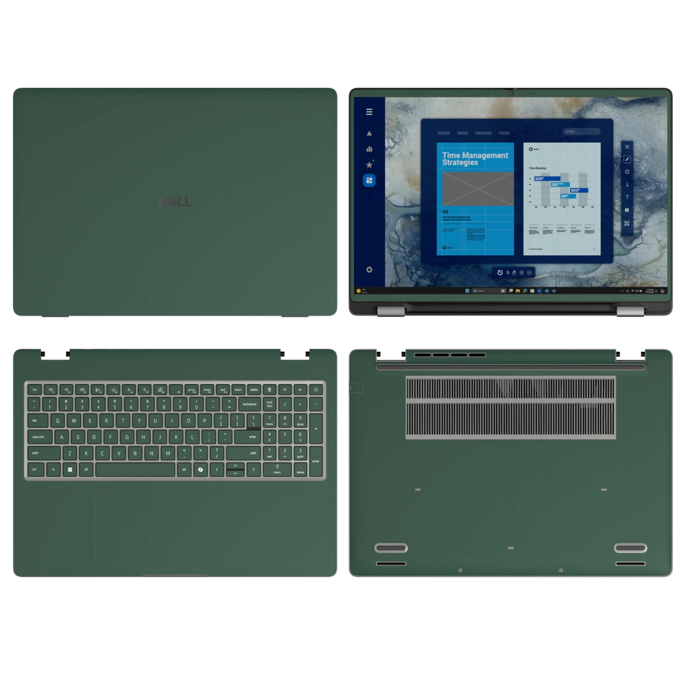 Original Green plain synthetic leather Dell business laptop skin, sku-abcd view. Rendered on Dell Pro 16 PC16250; exact cuts follow the selected model and coverage.