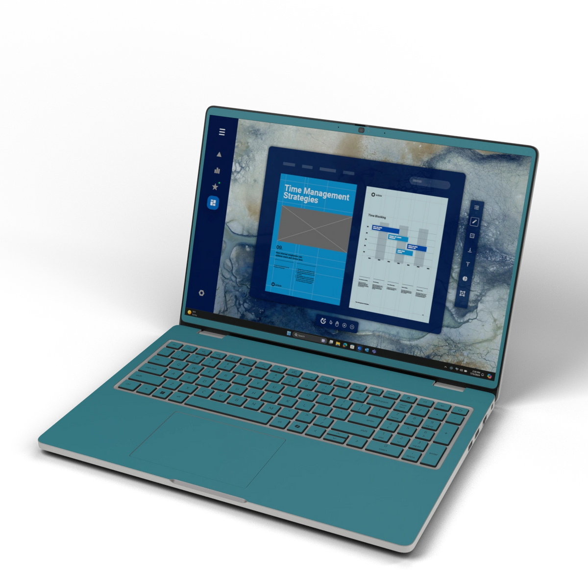 Peacock Blue plain synthetic leather Dell business laptop skin, front view. Rendered on Dell Pro 16 PC16250; exact cuts follow the selected model and coverage.