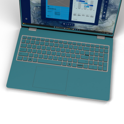 Peacock Blue plain synthetic leather Dell business laptop skin, keyboard-wide view. Rendered on Dell Pro 16 PC16250; exact cuts follow the selected model and coverage.