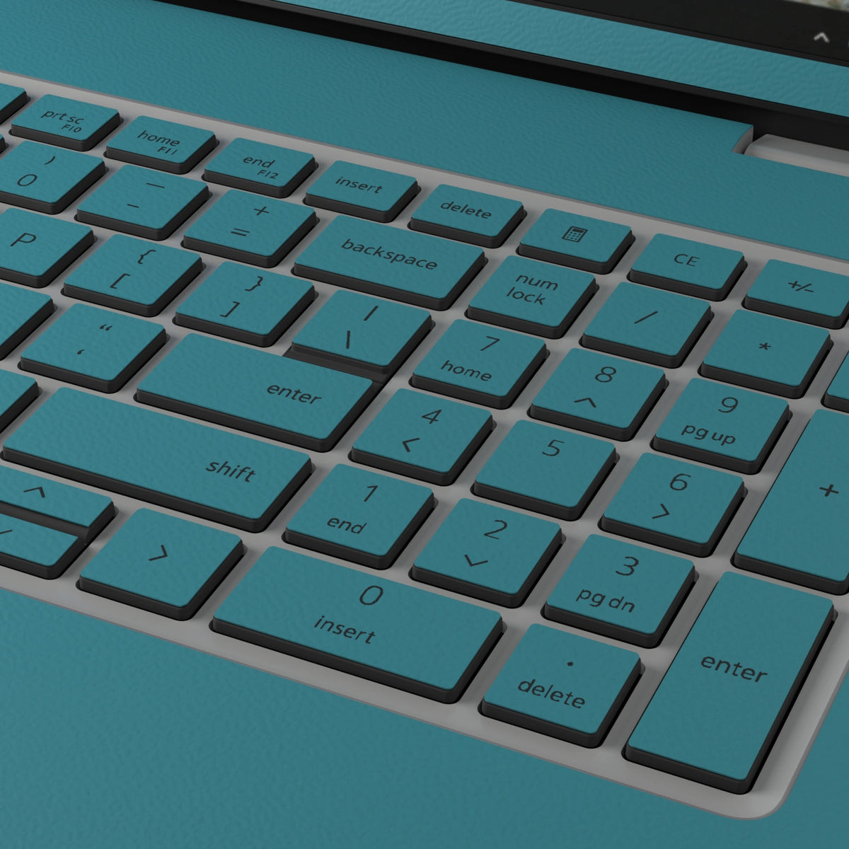 Peacock Blue plain synthetic leather Dell business laptop skin, macro view. Rendered on Dell Pro 16 PC16250; exact cuts follow the selected model and coverage.