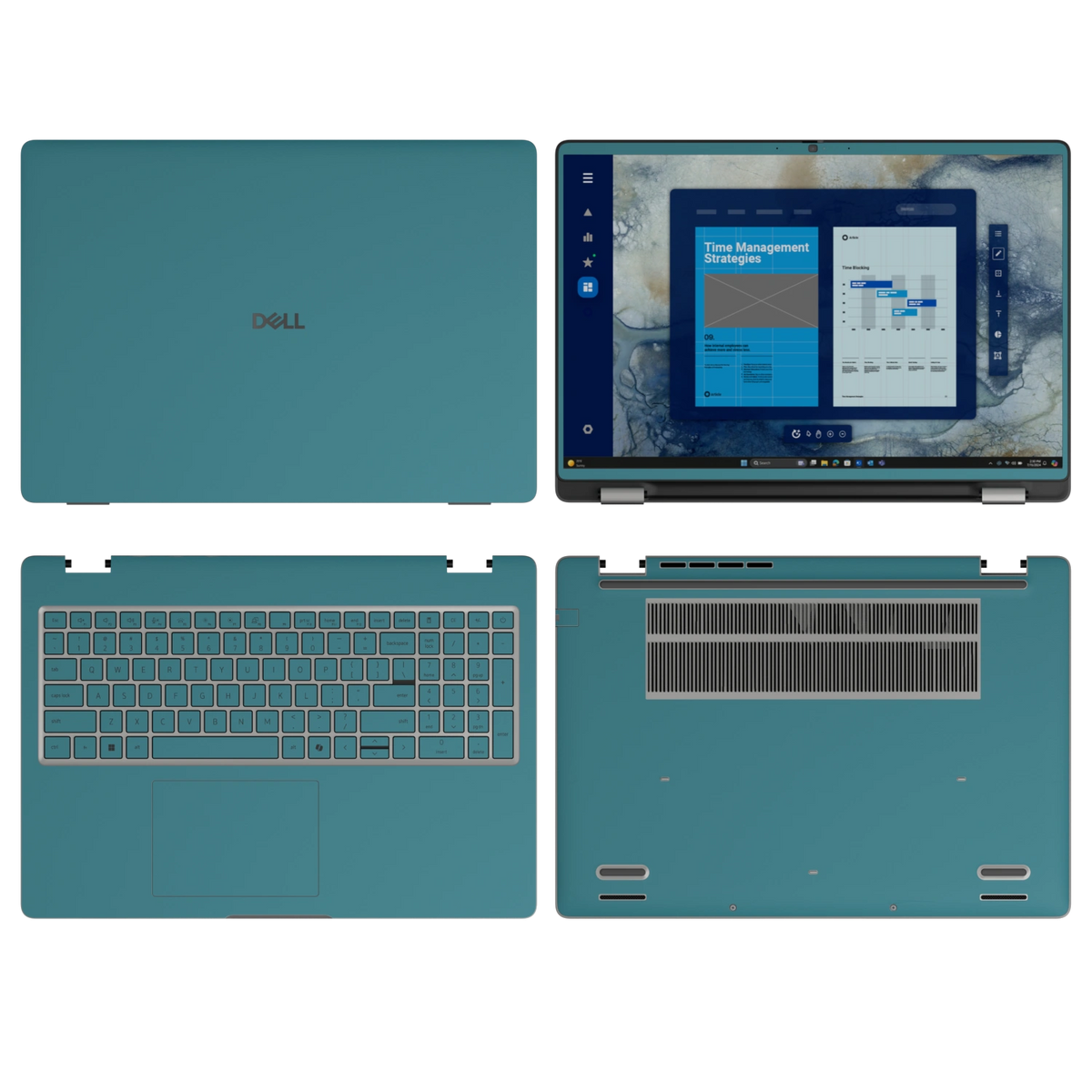 Peacock Blue plain synthetic leather Dell business laptop skin, sku-abcd view. Rendered on Dell Pro 16 PC16250; exact cuts follow the selected model and coverage.