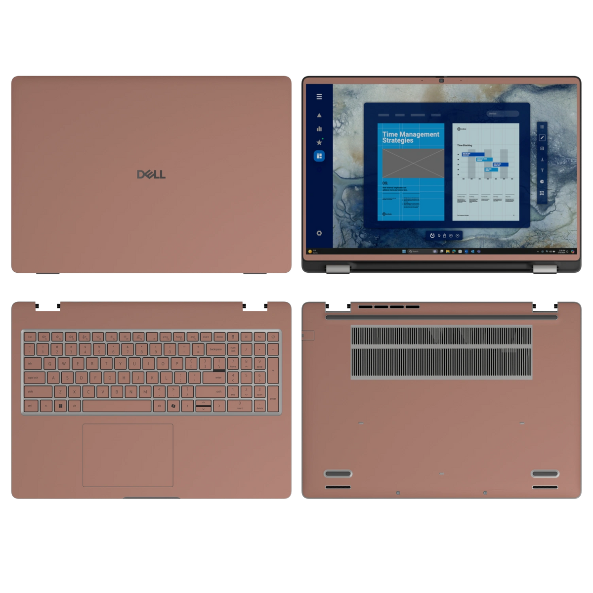 Qingcha Brown plain synthetic leather Dell business laptop skin, sku-abcd view. Rendered on Dell Pro 16 PC16250; exact cuts follow the selected model and coverage.