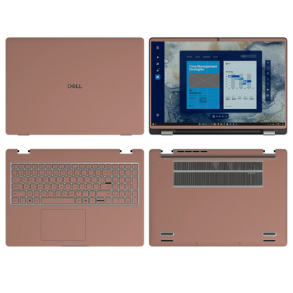 Qingcha Brown plain synthetic leather Dell business laptop skin, sku-abcd view. Rendered on Dell Pro 16 PC16250; exact cuts follow the selected model and coverage.