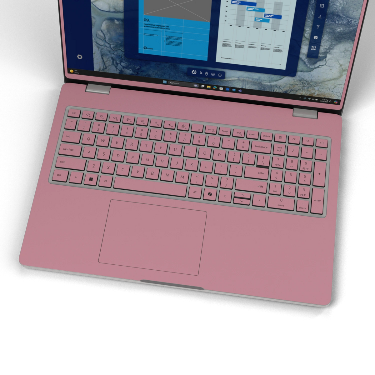 Yiren Pink plain synthetic leather Dell business laptop skin, keyboard-wide view. Rendered on Dell Pro 16 PC16250; exact cuts follow the selected model and coverage.