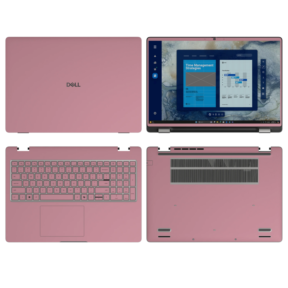 Yiren Pink plain synthetic leather Dell business laptop skin, sku-abcd view. Rendered on Dell Pro 16 PC16250; exact cuts follow the selected model and coverage.