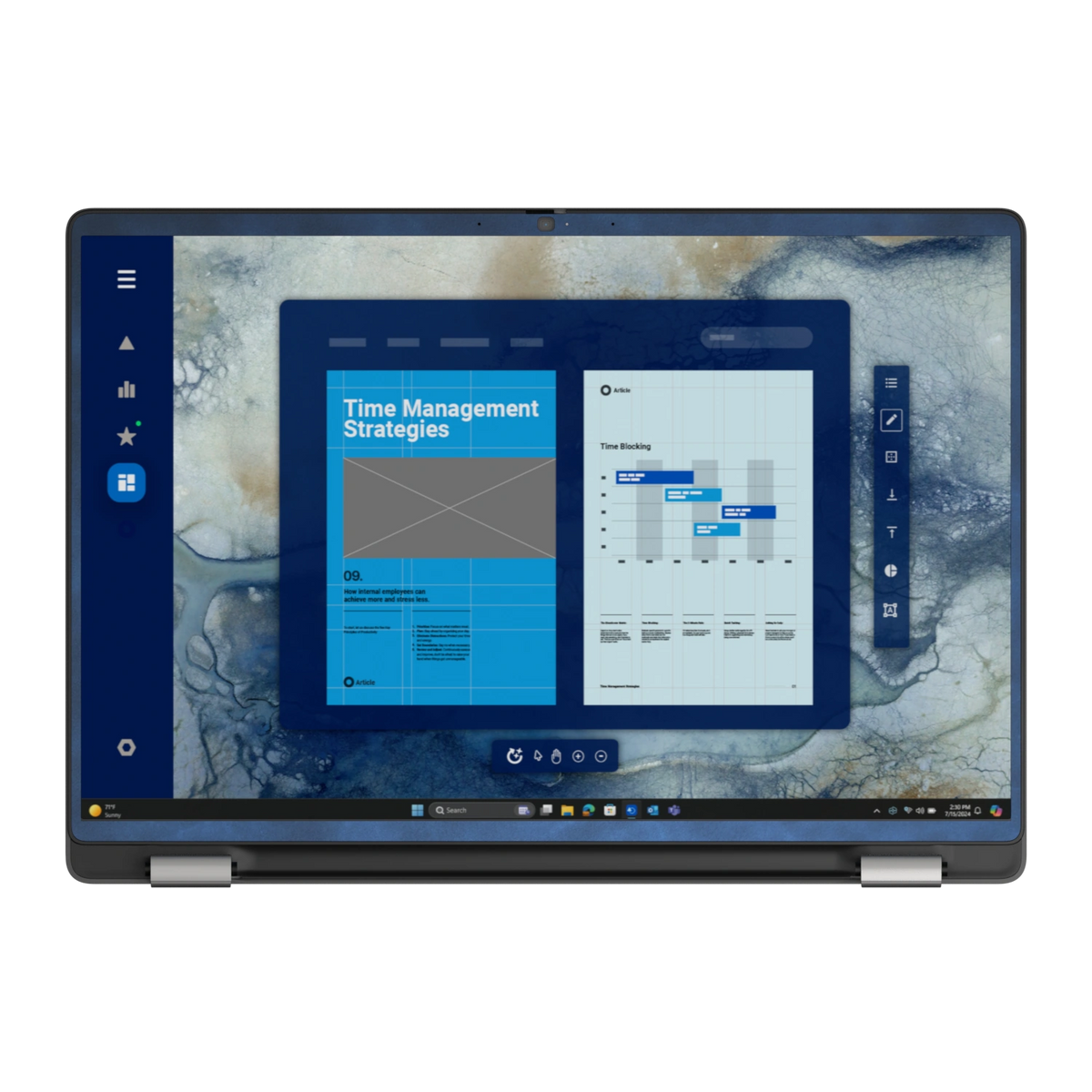 Deep Sea Blue scrub-textured synthetic leather Dell business laptop skin, b face view. Rendered on Dell Pro 16 PC16250 as a reference; exact cut layout follows the selected model and coverage.
