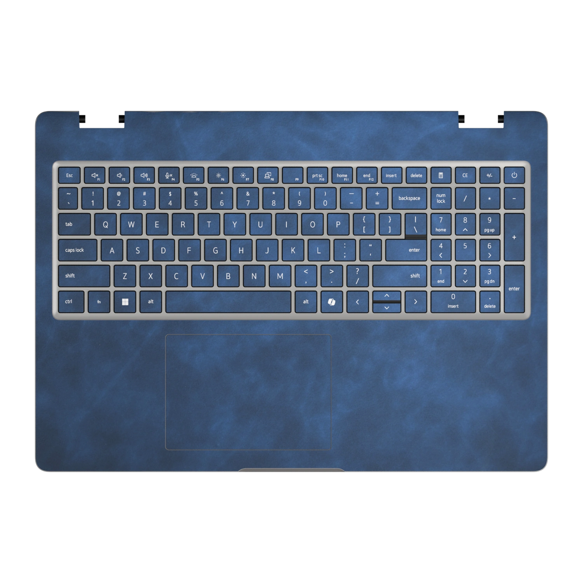 Deep Sea Blue scrub-textured synthetic leather Dell business laptop skin, c face view. Rendered on Dell Pro 16 PC16250 as a reference; exact cut layout follows the selected model and coverage.