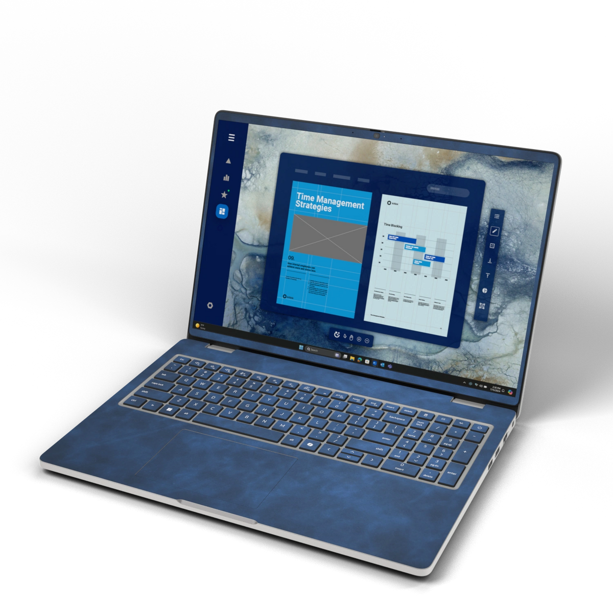 Deep Sea Blue scrub-textured synthetic leather Dell business laptop skin, front view. Rendered on Dell Pro 16 PC16250 as a reference; exact cut layout follows the selected model and coverage.