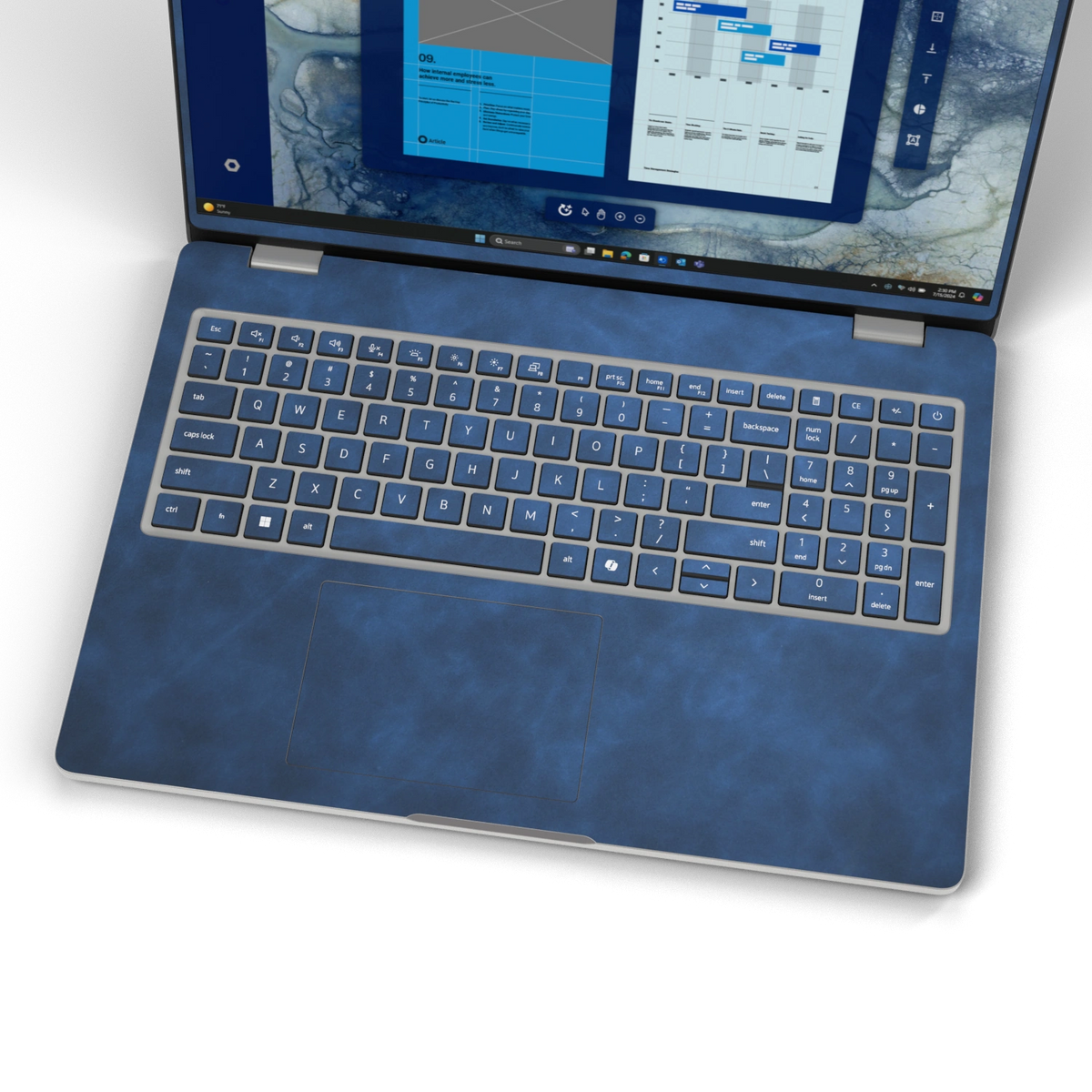 Deep Sea Blue scrub-textured synthetic leather Dell business laptop skin, keyboard wide view. Rendered on Dell Pro 16 PC16250 as a reference; exact cut layout follows the selected model and coverage.