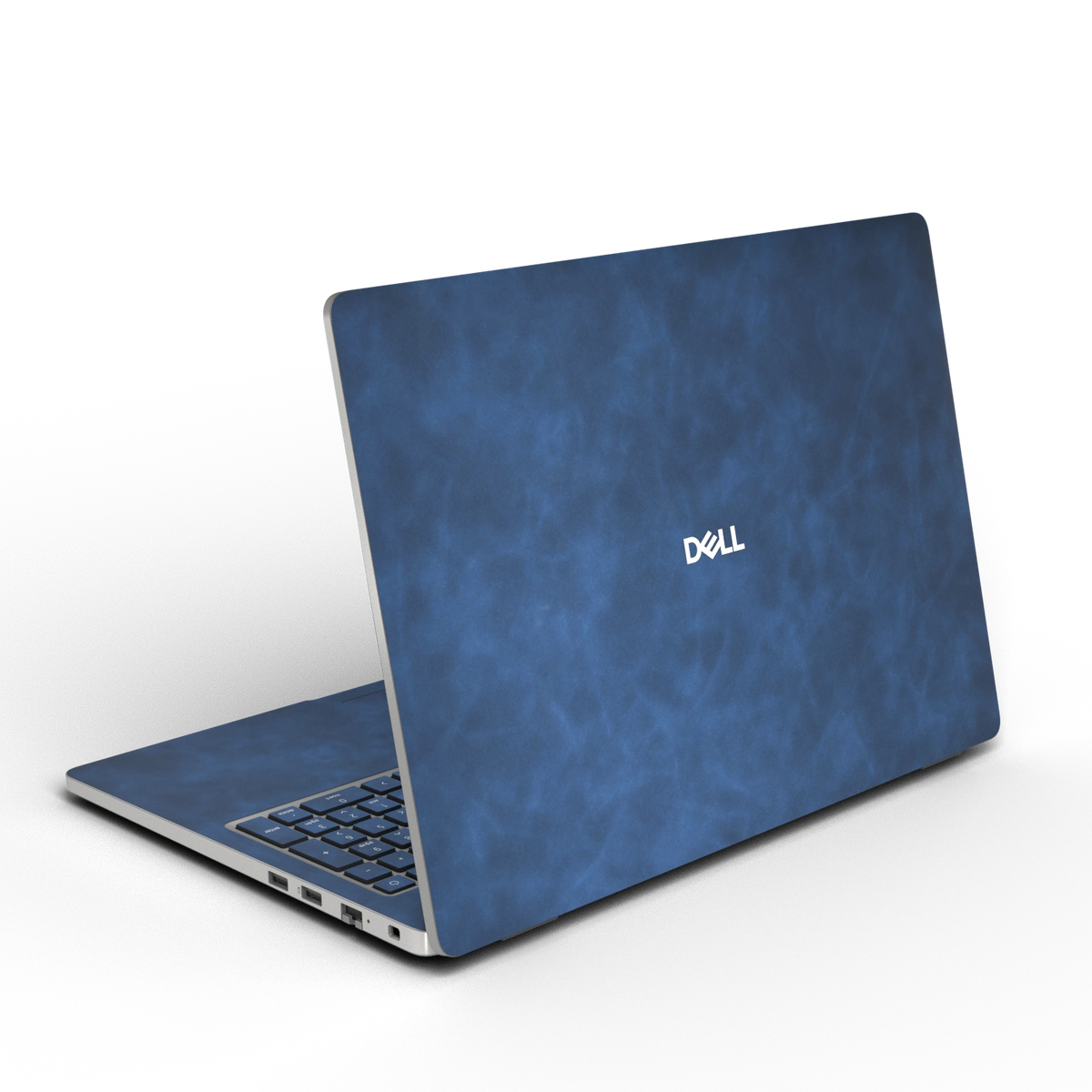 Deep Sea Blue scrub-textured synthetic leather Dell business laptop skin, rear view. Rendered on Dell Pro 16 PC16250 as a reference; exact cut layout follows the selected model and coverage.