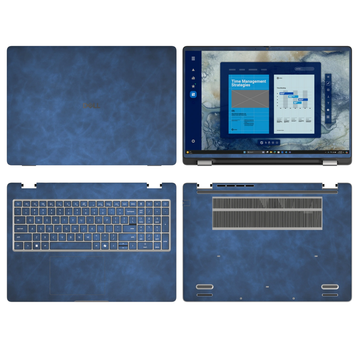 Deep Sea Blue scrub-textured synthetic leather Dell business laptop skin, sku abcd view. Rendered on Dell Pro 16 PC16250 as a reference; exact cut layout follows the selected model and coverage.