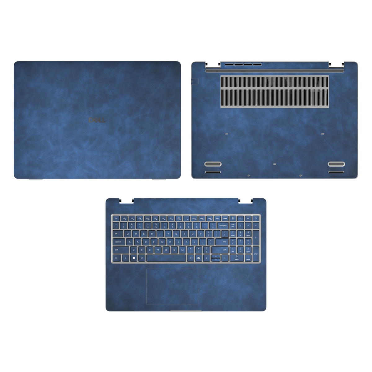 Deep Sea Blue scrub-textured synthetic leather Dell business laptop skin, sku acd view. Rendered on Dell Pro 16 PC16250 as a reference; exact cut layout follows the selected model and coverage.