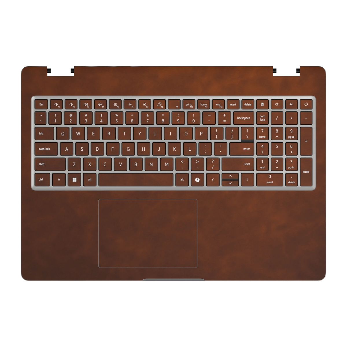 Wood Coffee scrub-textured synthetic leather Dell business laptop skin, c face view. Rendered on Dell Pro 16 PC16250 as a reference; exact cut layout follows the selected model and coverage.