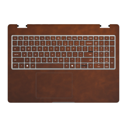 Wood Coffee scrub-textured synthetic leather Dell business laptop skin, c face view. Rendered on Dell Pro 16 PC16250 as a reference; exact cut layout follows the selected model and coverage.