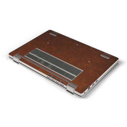 Wood Coffee scrub-textured synthetic leather Dell business laptop skin, d bottom view. Rendered on Dell Pro 16 PC16250 as a reference; exact cut layout follows the selected model and coverage.
