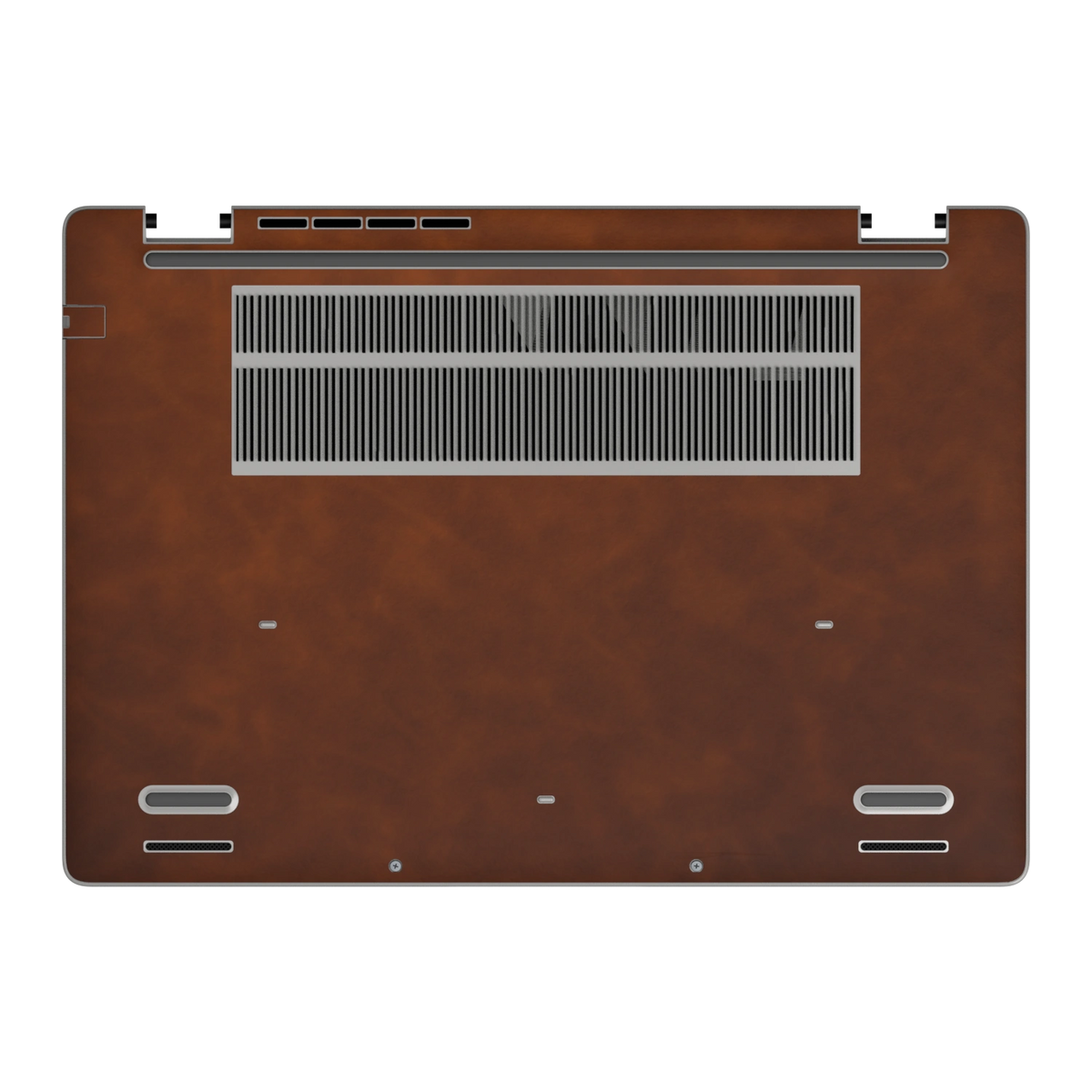 Wood Coffee scrub-textured synthetic leather Dell business laptop skin, d face view. Rendered on Dell Pro 16 PC16250 as a reference; exact cut layout follows the selected model and coverage.