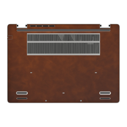 Wood Coffee scrub-textured synthetic leather Dell business laptop skin, d face view. Rendered on Dell Pro 16 PC16250 as a reference; exact cut layout follows the selected model and coverage.