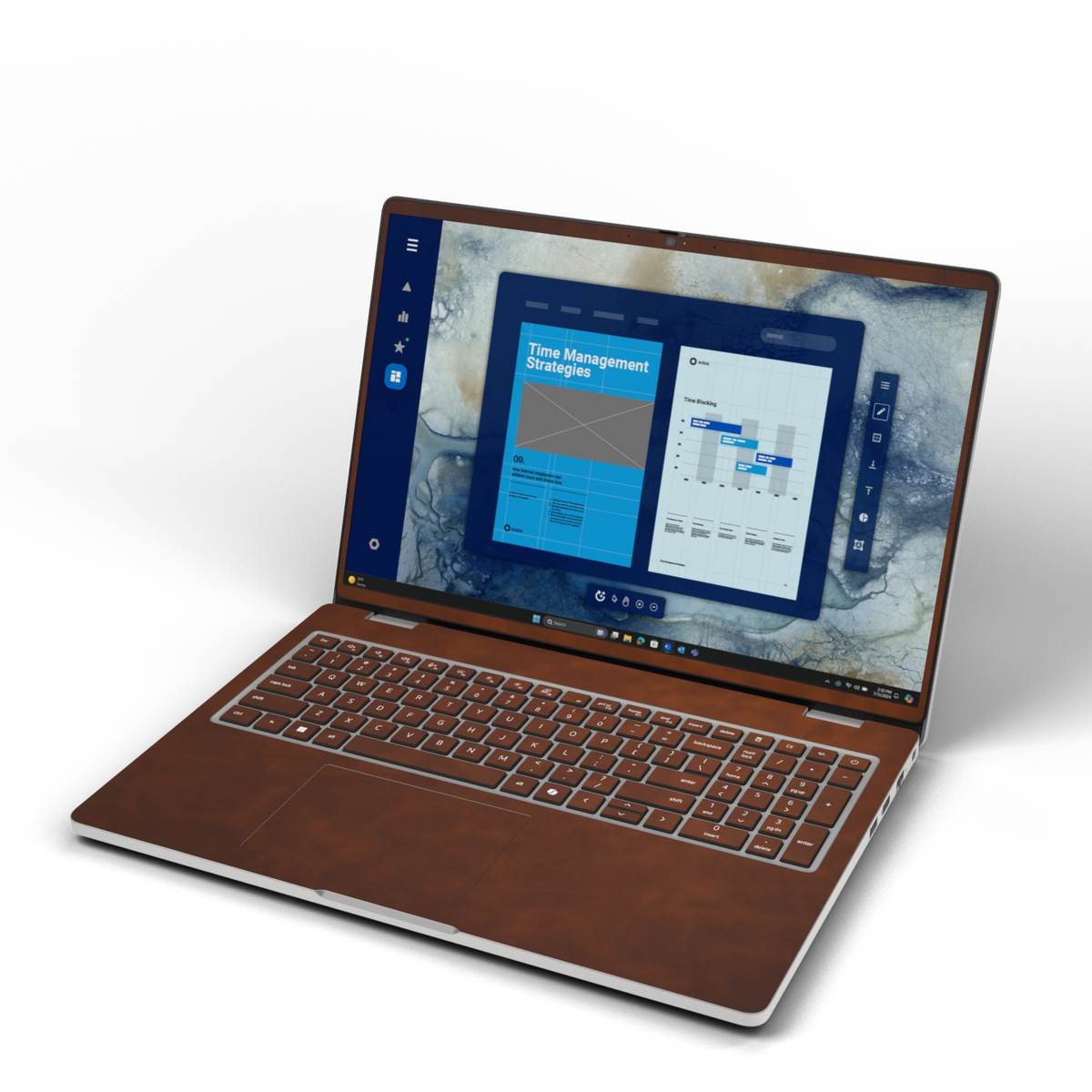Front three-quarter view of Wood Coffee scrub-textured synthetic leather skin, rendered on Dell Pro 16 PC16250 as a model and colour reference.
