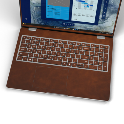 Wood Coffee scrub-textured synthetic leather Dell business laptop skin, keyboard wide view. Rendered on Dell Pro 16 PC16250 as a reference; exact cut layout follows the selected model and coverage.