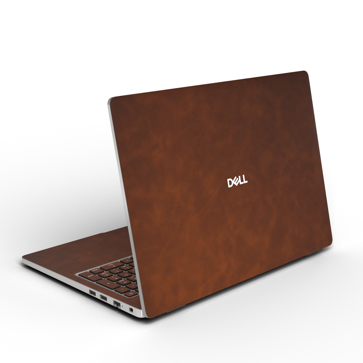 Wood Coffee scrub-textured synthetic leather Dell business laptop skin, rear view. Rendered on Dell Pro 16 PC16250 as a reference; exact cut layout follows the selected model and coverage.