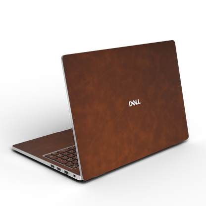 Wood Coffee scrub-textured synthetic leather Dell business laptop skin, rear view. Rendered on Dell Pro 16 PC16250 as a reference; exact cut layout follows the selected model and coverage.