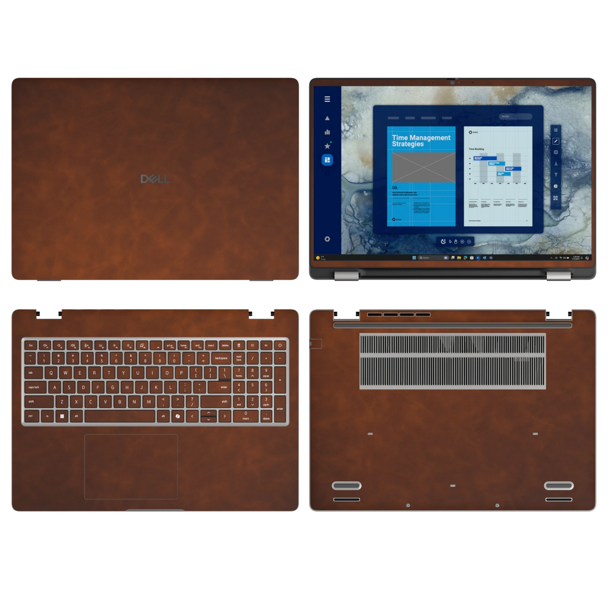 Wood Coffee scrub-textured synthetic leather Dell business laptop skin, sku abcd view. Rendered on Dell Pro 16 PC16250 as a reference; exact cut layout follows the selected model and coverage.